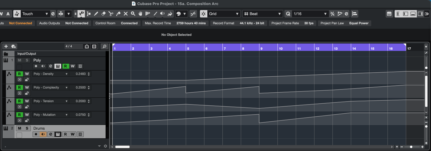 Cubase automation lane — Density macro swept from 0.2 to 0.8 over 16 bars for a textural crescendo